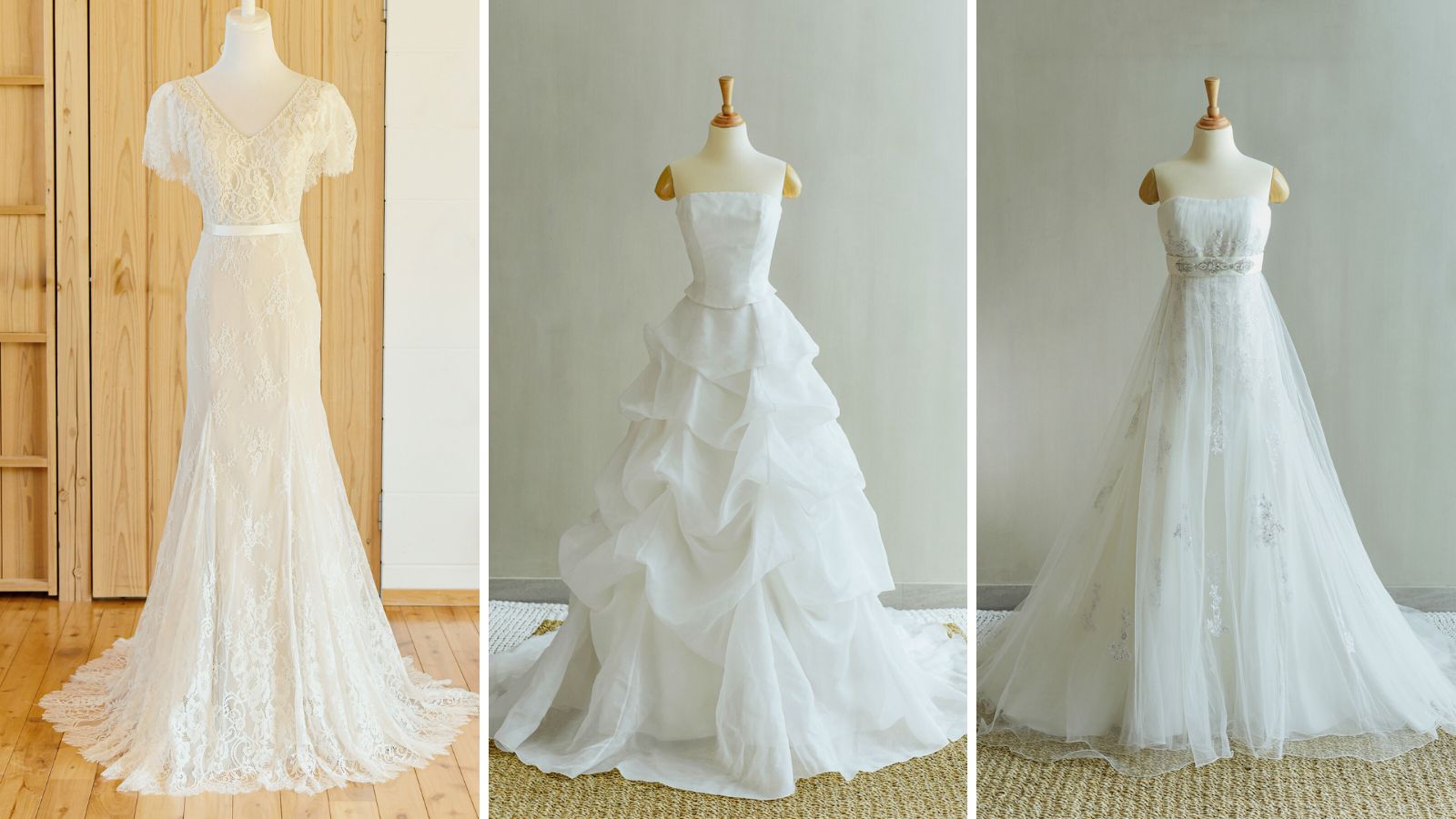 Q. オンラインのドレスカタログを見たのですが、当日すべてのドレスを実際に見たり、試着することはできますか？